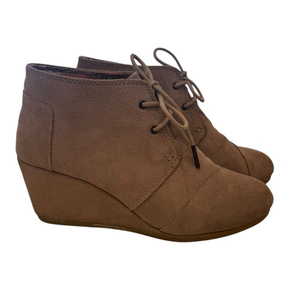 TOMS Women's Taupe Suede Wedge Ankle Boots Lace Up Booties Shoes SZ 8‎ 1/2 - Picture 1 of 8